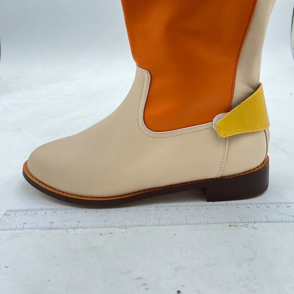 Orange Multicolor Knee High Boots Chunky Heel Round Toe Back Zipper Booties